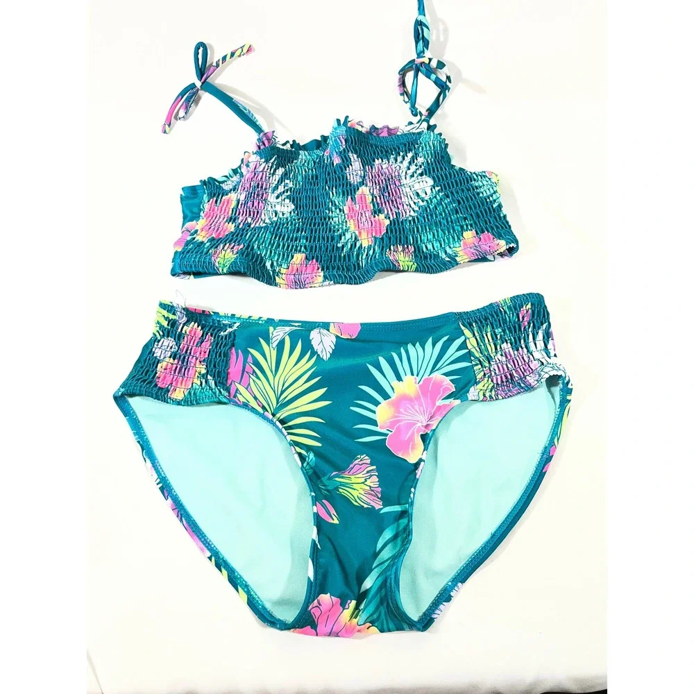 Justice‎ Tropical Floral Smocked Bikini Set Girls XL+ 16-18PL Teal Resort Costal